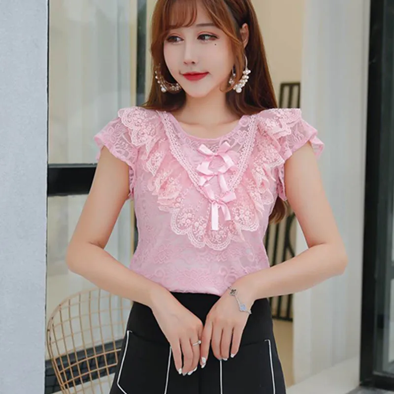 Женская ажурная кружевная рубашка милый галстук бабочка сетчатая блузка с