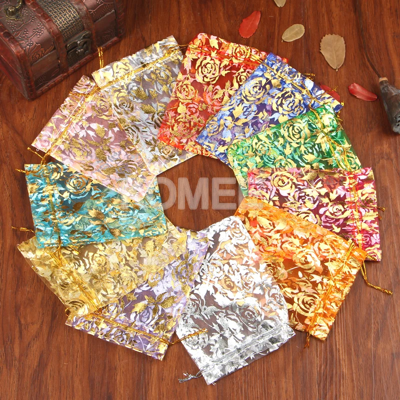 

Hot Selling Mixed Color Rose Printing Organza Bags 15x20cm 1000pcs/lot Wholesale Party Gift Bag For Wedding Christmas Gift Pouch