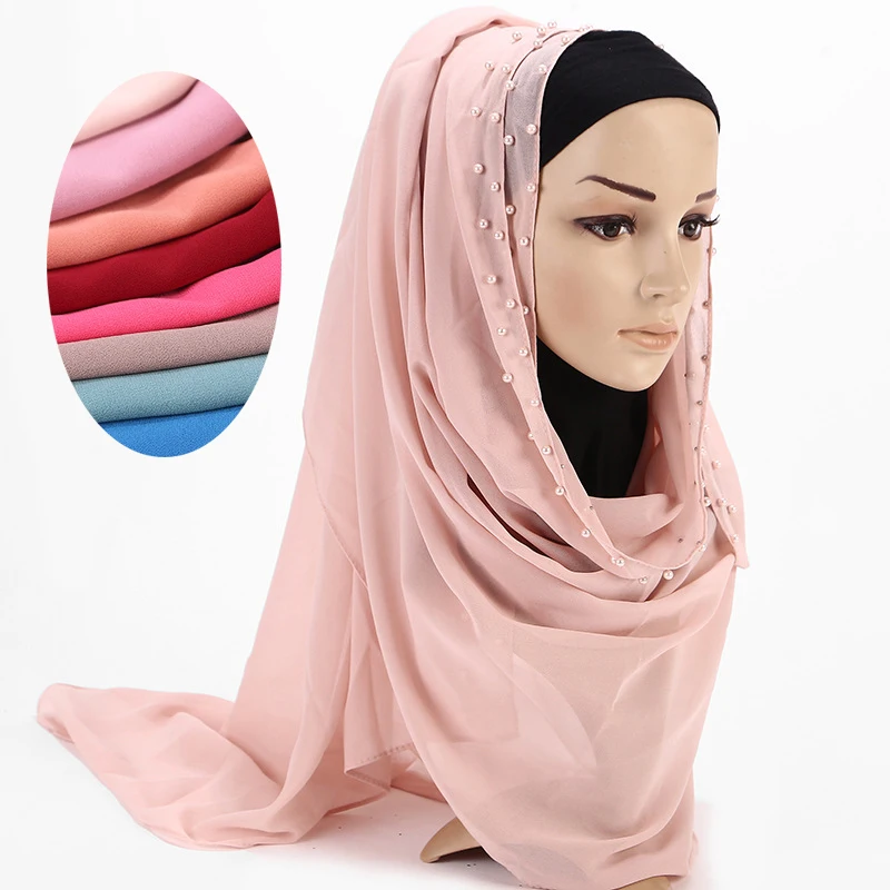 Длинные мусульманские тюрбаны из шифона с жемчугом для женщин мягкая тонкая шаль