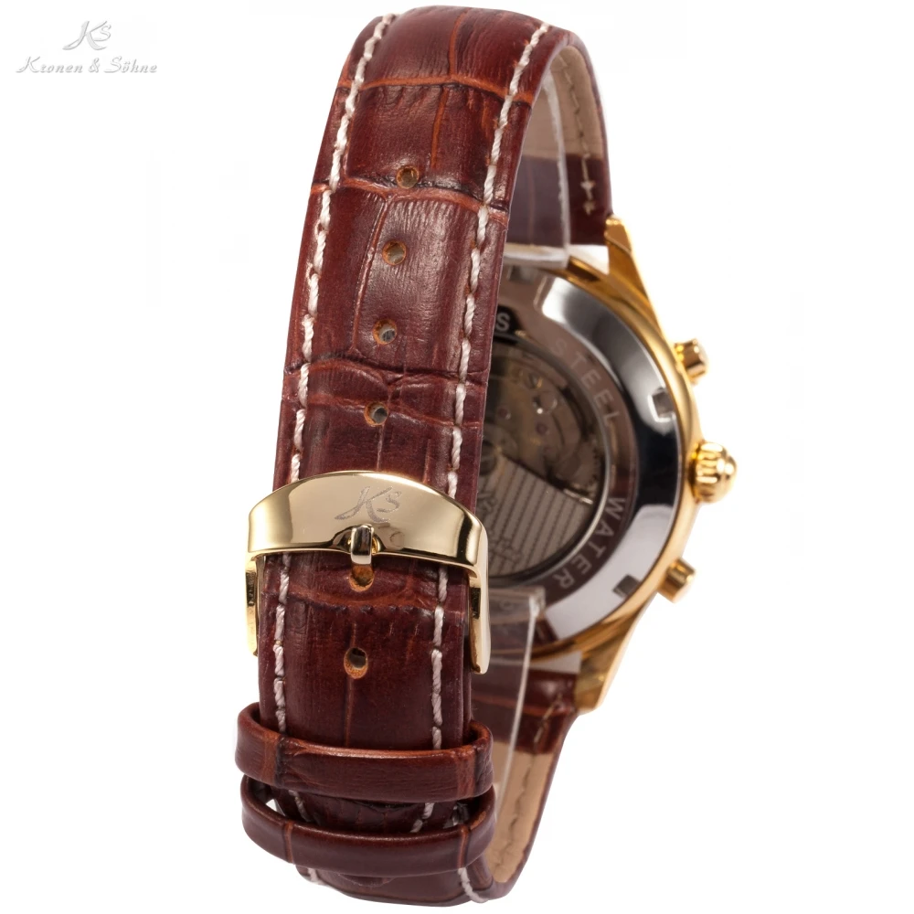 Роскошная Серия KS Часы для Мужчины 6 Стрелок Золотой Корпус из Нержавеющей Стали Коричневый Настоящий Кожаный Ремешок Белый Циферблат Дисплей Дня Даты и 24 Часа Автоматические Механические Мужские Наручные Часы/KS146