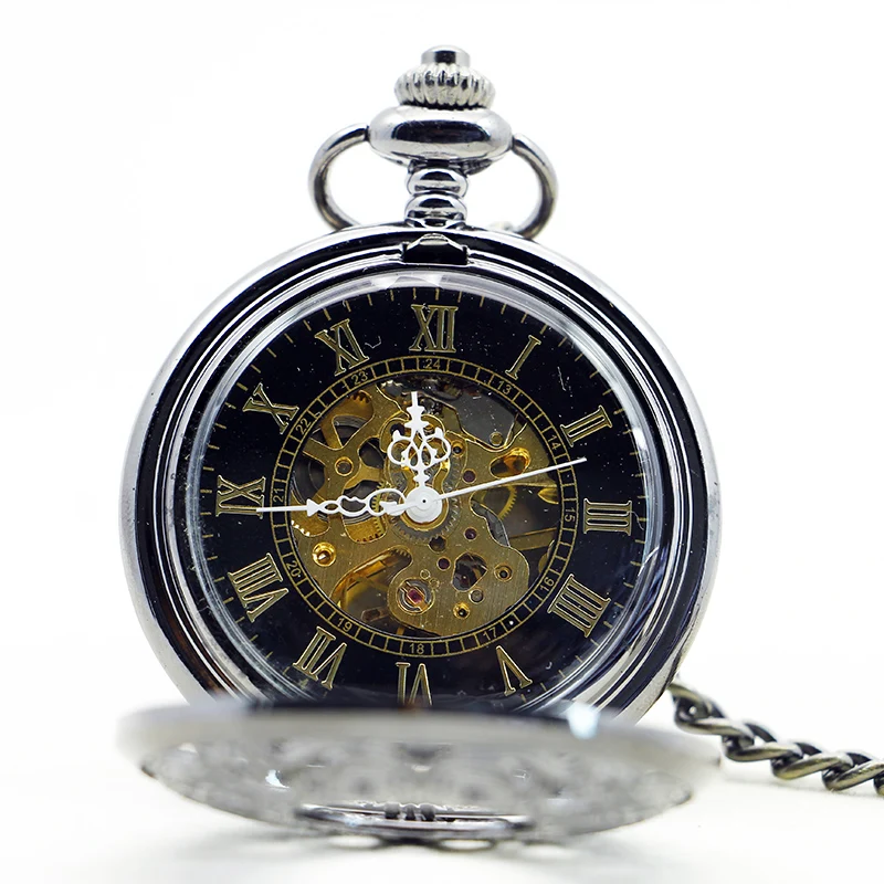 Deluxe Silver Gold Roman Display Dial Mechanical Pocket Watch Vintage Steampunk Manual Chain Necklace Pendant Accessory Clock
