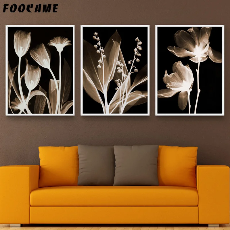 FOOCAME Black Background Flower Minimalism Posters and Prints Art Canvas Painting Home Decor Wall Pictures For Living Room | Дом и сад