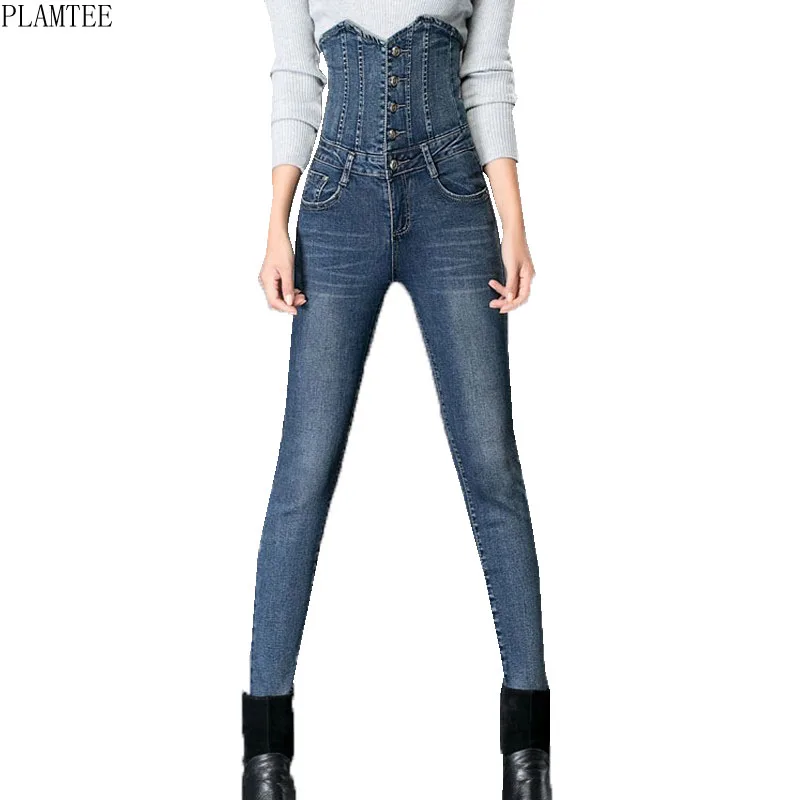 Женские джинсы с высокой талией однобортный дизайн большие размеры 26 34