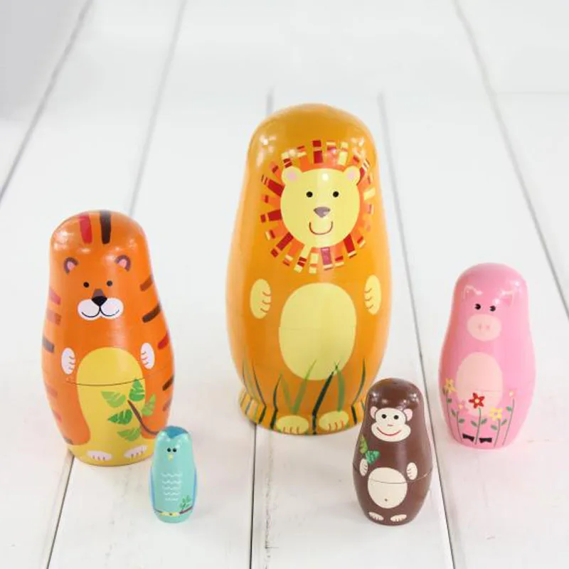 

5 Pcs/Set Children Toys Russian Nesting Dolls Wooden Animals Matryoshka Doll Handmade Crafts Toy Kid Gifts