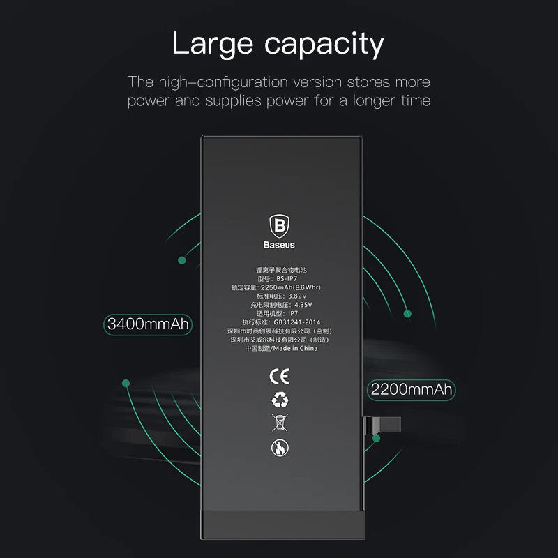 Baseus литий-полимерный аккумулятор высокой емкости 2250 мАч для iPhone 7, Сменный аккумулятор для телефона для iPhone 7G, аккумулятор