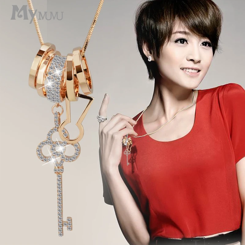 Mymmu Key Shape Crystal Circle Round Pendant Chain Long Necklaces Fashion Jewelry Women Sweater Necklace Wearing Accessories | Украшения и