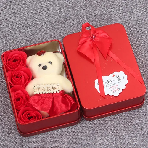red 4flower1bear Букет невесты Мода Высокое качество PU искусственный цветок 3/4/6 шт. розы медведь цветок мыла подарочной коробке на День святого Валентина, подарок на День Матери Свадебные год подарок для жены - Цвет: red 4flower1bear