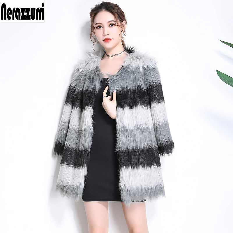 

Nerazzurri Winter Striped Casual Soft Furry Patchwork Faux Fur Jacket Women 3/4 Sleeve Loose A Line Fluffy Fake Fox Fur Coat