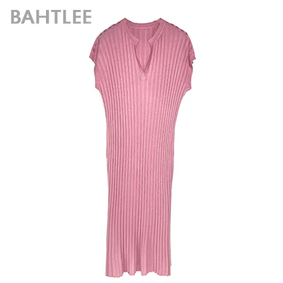Pink BAHTLEE Свободные повседневные трикотажные платья-футляр Женские однотонные V образным вырезом с коротким рукавом облегающее длинное платье Morandi - Цвет: Pink