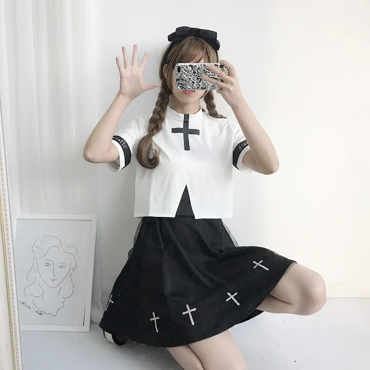 

Japan Style Soft Girls Summer Gothic Cross Black White Suit Top+Skirt Two Piece Set Punk Pullover Women's Sets Jk Uniform Set