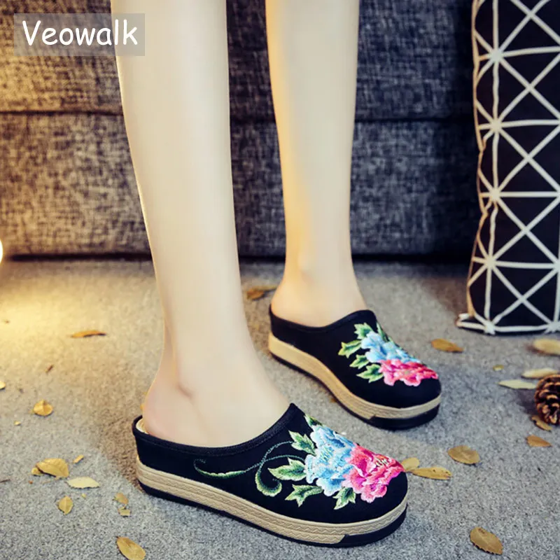 Veowalk/женские парусиновые шлепанцы на толстой подошве с цветочной вышивкой Летние