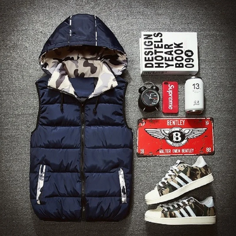 Зима 2017 жилет Uwback Мужская Толстая теплая парная пуховая куртка с капюшоном