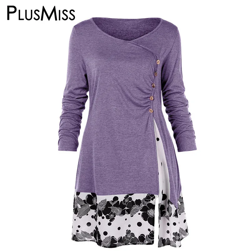 PlusMiss размера плюс 5XL драпированное платье с цветочным принтом длинная туника футболки Для женщин Весна топы с длинными рукавами футболки для девочек больших Размеры XXXXL XXXL XXL