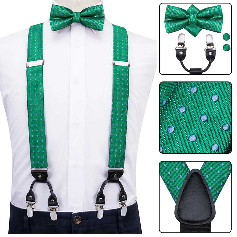 BD3009 Hi-Tie, шелковые подтяжки для взрослых мужчин, набор, кожа, металл, 6 зажимы подтяжек, винтажные мужские и женские свадебные зеленые Эластичные подтяжки - Цвет: BD3009