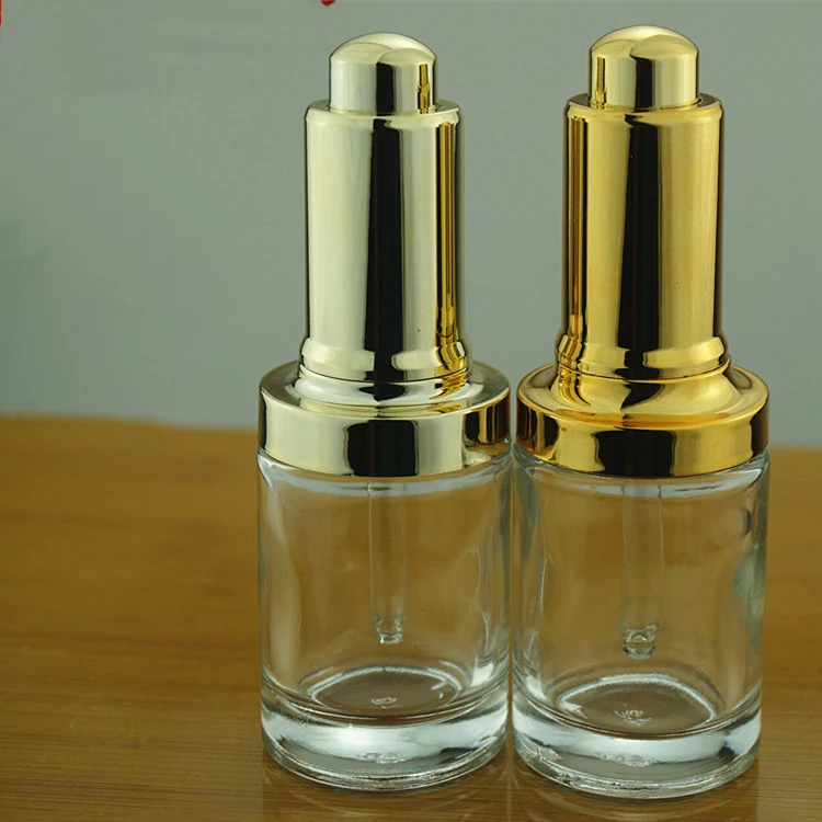30 мл прозрачная стеклянная бутылка с серебряным/золотым прессом насос пипетка