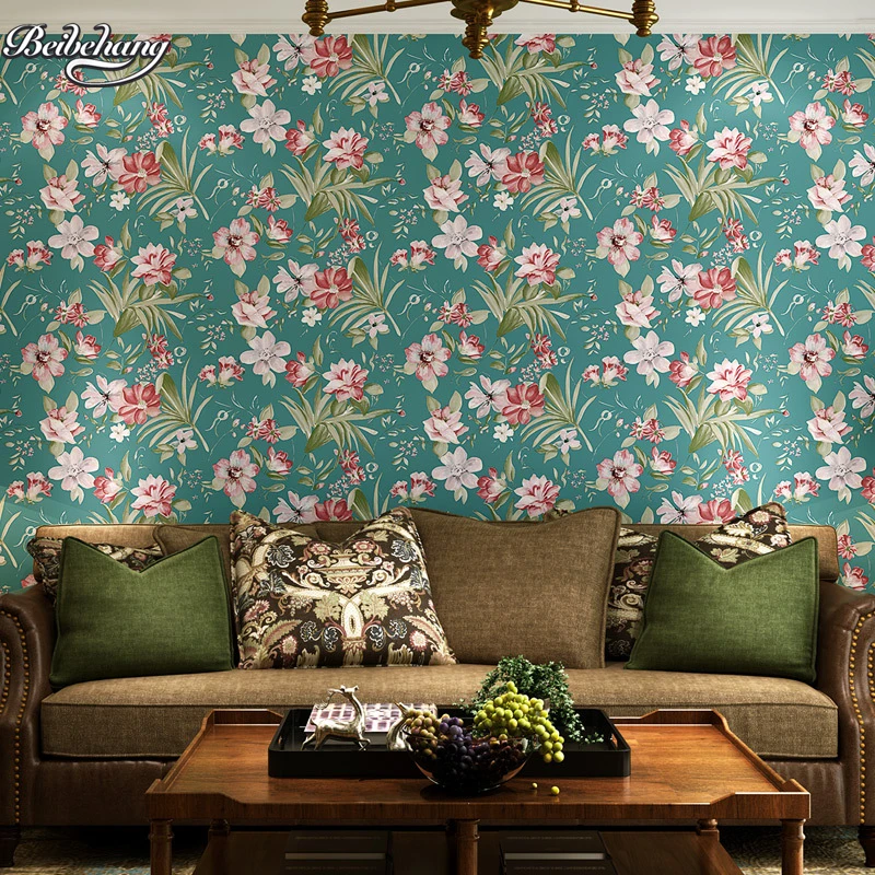 Обои для гостиной обои в стиле ретро с цветами синие зеленые|living room wallpaper|nonwoven