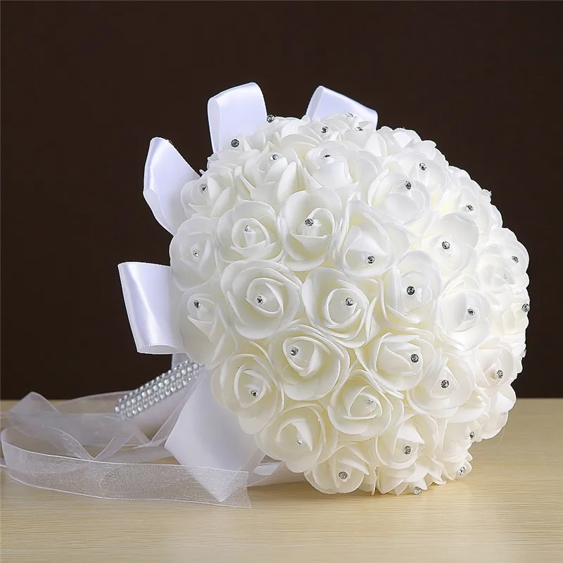 

Ramos de Novia Flower Rose Ivory Wedding Bouquet with Ribbon Handmade Artificial Crystals Handle Bridal Bouquet Buque de Noiva