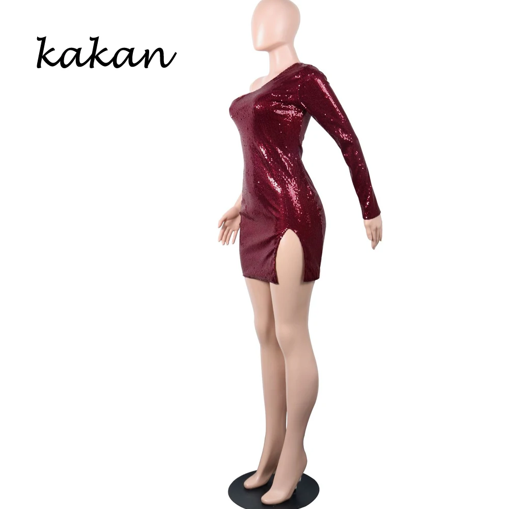 Женское платье с блестками Kakan асимметричное на одно плечо разрезом сбоку и
