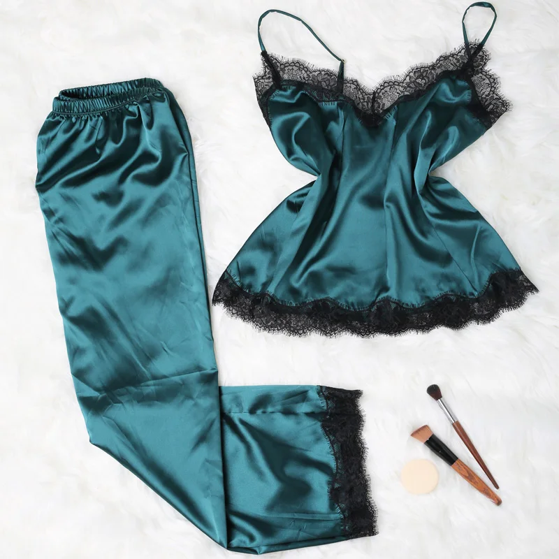 Женская пижама из сатина кружевная с длинными штанами для зимы комфортная