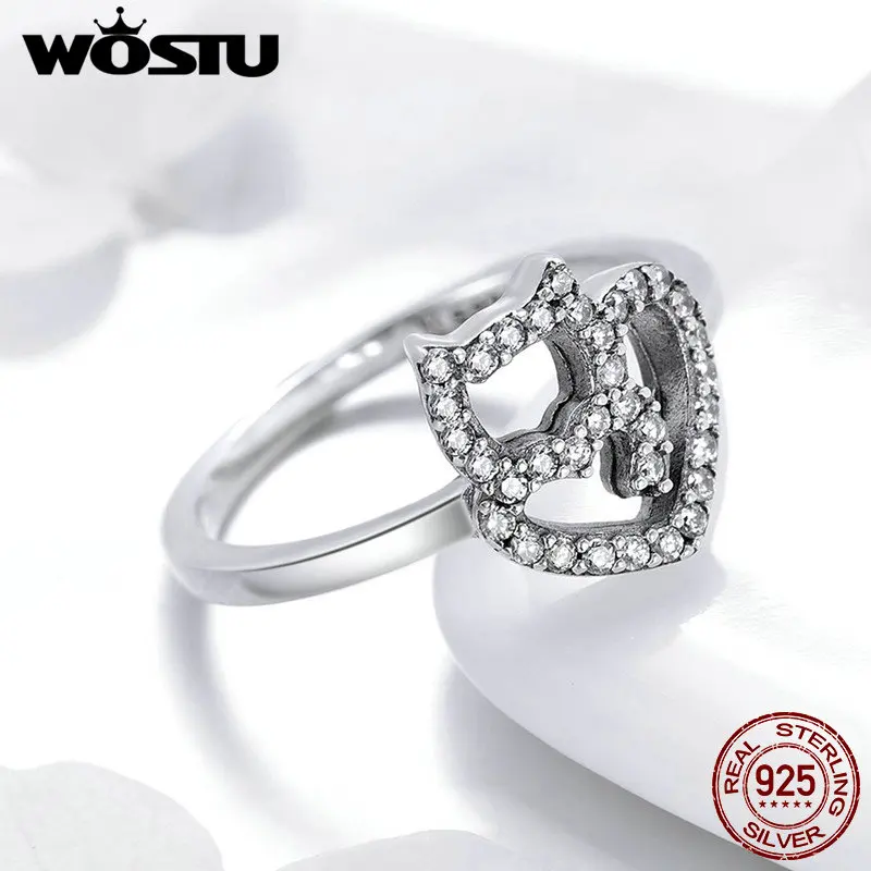 WOSTU 2019 горячая Распродажа Настоящее серебро 925 проба блеск CZ Циркон Кот кольца в