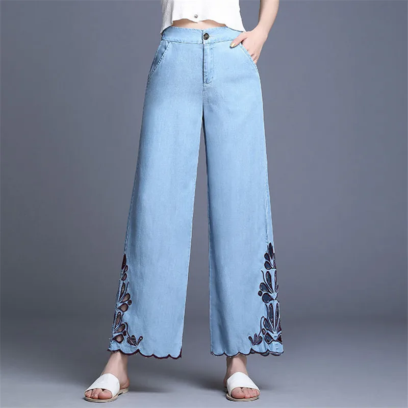 Сезон: весна–лето синий выдалбливают Tencel широкие штаны Свободные Повседневное