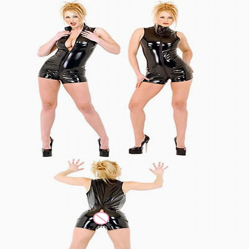 Черный глянцевый женский костюм кошки из ПВХ сексуальный 2 способ боди на молнии
