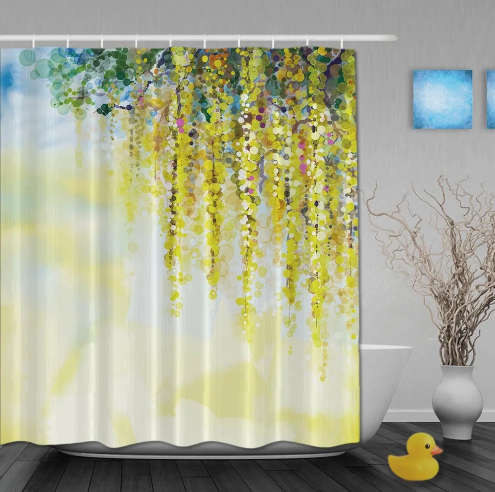 

Красивая весенняя занавеска для душа с желтыми цветами и акварельным рисунком, s водонепроницаемая ткань с крючками, занавеска для душа в ва...