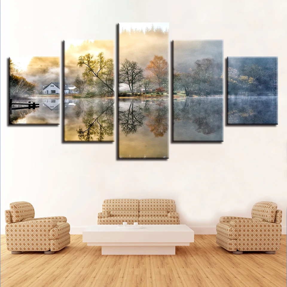 

Printing Frame Painting Modular Poster 5 Pieces House Tree Lake Natural Landscape Canvas Picture Wall Art Decor Home Living Room