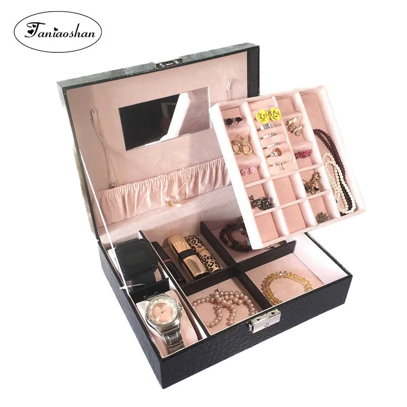 

Double-deck jewelry box Portable travel leather storage casket Crocodile pattern large space watch box