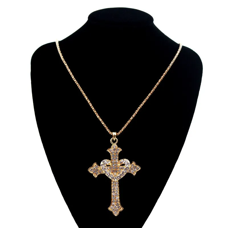 Rhinestone heart cross necklaces &amp pendants gothic gold color CNANIYA jewelry sweater accessories necklace long/neckless/neclace |