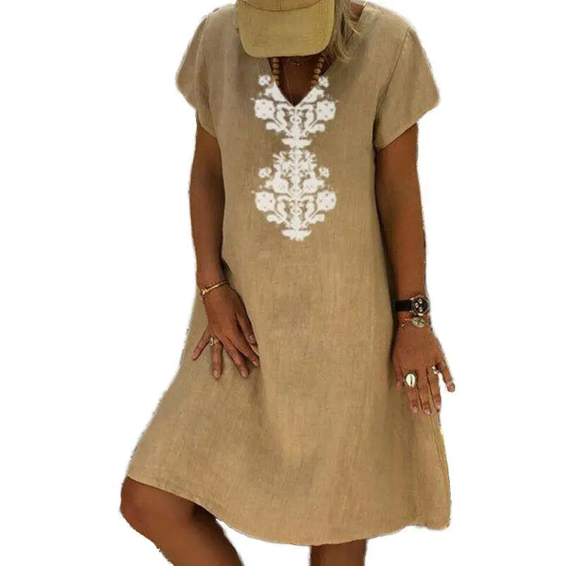 Женская одежда винтажное летнее Свободное платье с v образным вырезом и коротким