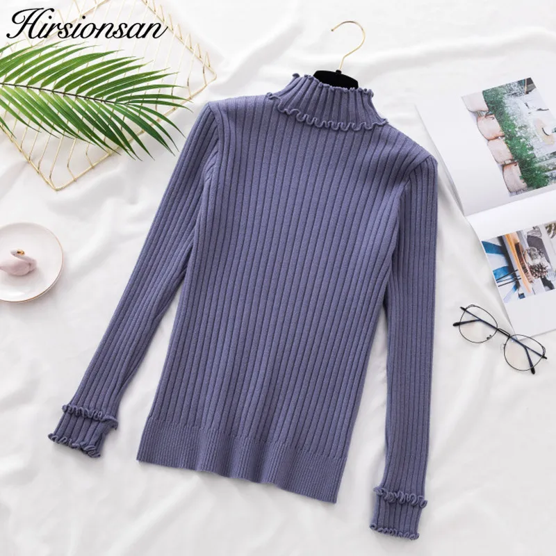 

Hirsionsan Women Ruffles Pullovers 2023 Autumn Winter Knitted Sweater Elasticity Casual Jumper Solid Slim Warm Female Sweaters