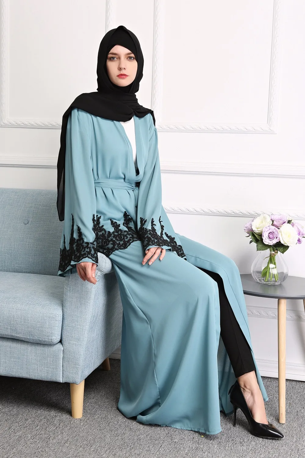 Модный мусульманский кардиган с вышивкой Abaya кружевные платья кимоно длинное