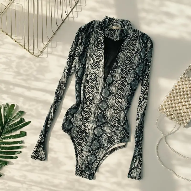 2019 New Spring Women's Overalls Sexy Leopard Printing Semi-high Collar V Long Sleeve Trim Body Thin Bodysuit for Woman | Женская