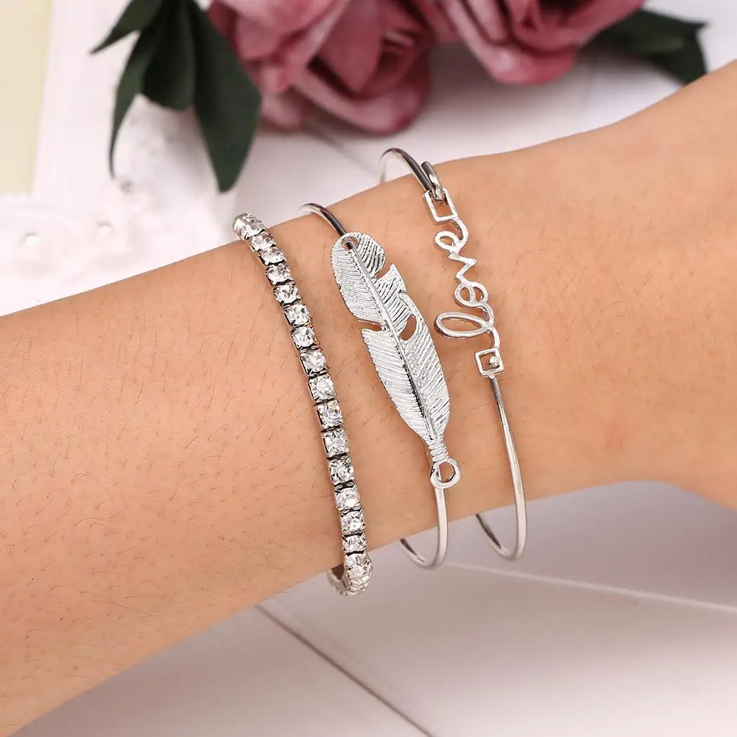 Golden Set Stackable Hasp Silver Open Letter Pattern Heart Adjustable Feather Cuff Women Party Bracelet Casual | Украшения и