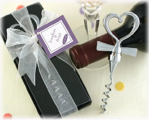 

Free shipping 100 pieces/lot wedding favor--Tuxedo Heart Corkscrew in Gift Box with Sheer Organza Ribbon and Tag