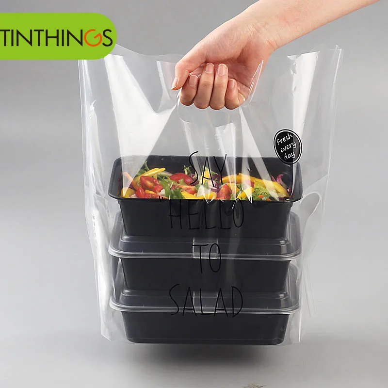 

100 Pcs plastic bags with handle Thicken clear plastic packing bag for fast food shop restaurant Lunch box high quality supplier