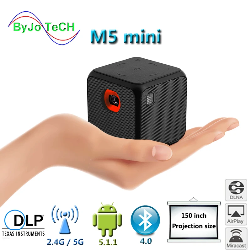 

Мини-проектор ByJoTeCH M5, Android, двухдиапазонный Wi-Fi, беспроводной экран синхронизации, Bluetooth 1080P, аккумулятор для домашнего кинотеатра