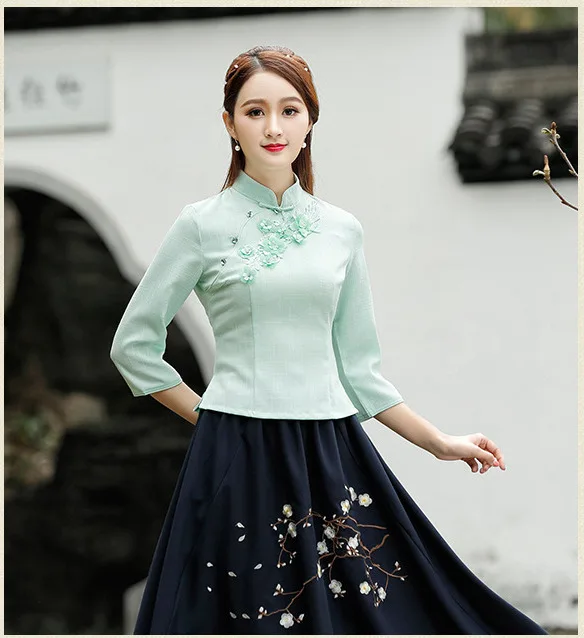 Женская зеленая блуза Cheongsam в китайском стиле, повседневная одежда guzheng с рукавом в древнем стиле, рубашки Qipao, топы летнего размера плюс