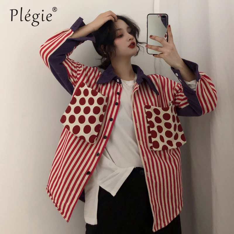 

Женская блузка в Вертикальную Полоску Plegie, рубашки с длинным рукавом и карманами в горошек, Женские топы и блузки в полоску в стиле пэчворк, ...