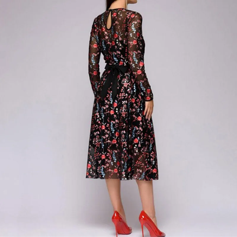 Bella Philosophy Sexy Women Floral Embroidery knee-length Dress print O-Neck belt dress See-through Black perspective | Женская одежда