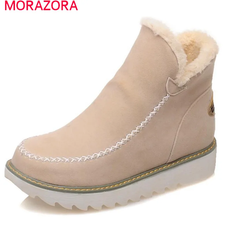 Женские ботинки без шнуровки MORAZORA зимние из флока на плоской подошве большие