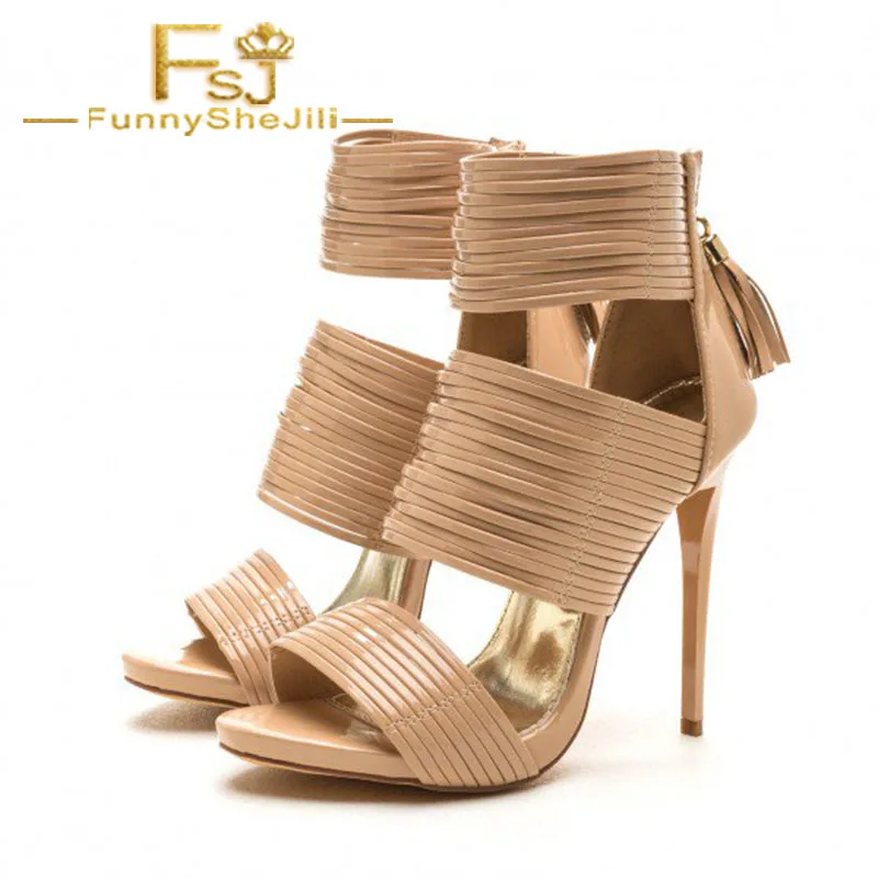 

Nude Pleated Tri Strap Open Toe High Heels Zip Ankle Strap With Tassel Stiletto heel Sandals Summer Woman Shoes 2021 US 16 FSJ