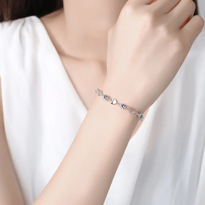 

S925 Pure Silver Jewelry Korean Fashion Chain the Classic Smooth Heart Bracelet Women's Personality Love Hollow Bracelet
