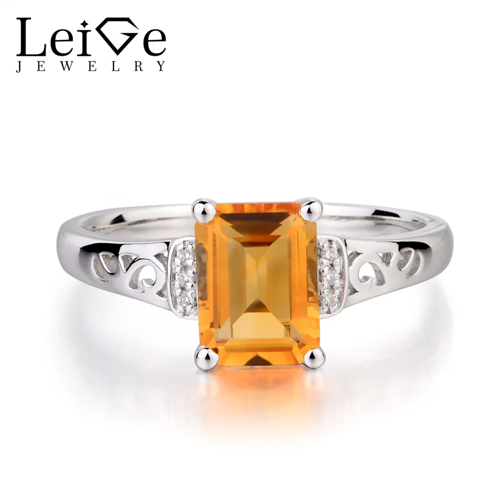 

Leige Jewelry Genuine Natural Citrine Promise Rings Emerald Cut Yellow Gemstone November Birthstone Solid 925 Sterling Silver
