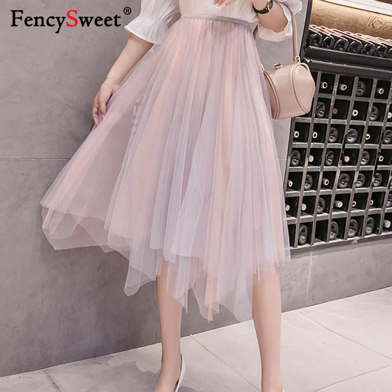 Fencysweet/Асимметричные Длинные тюлевые женские юбки Летняя плиссированная юбка с