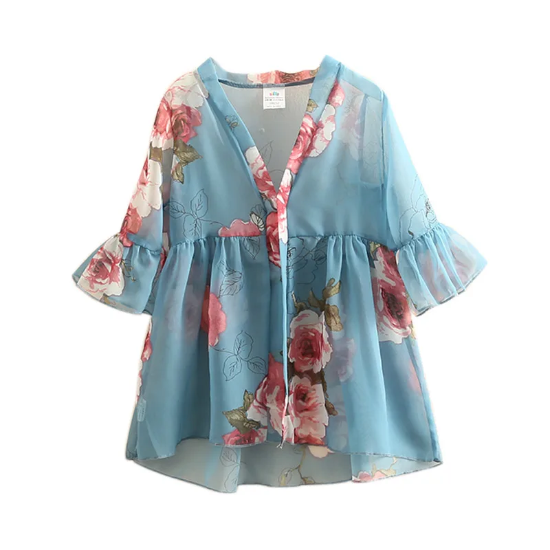 2021 Summer 3 4 6 8 10 12 Years Half Sleeve V Neck Flower Floral Print Breathable Kids Baby Girl Sunscreen Sun Protection Coat | Детская