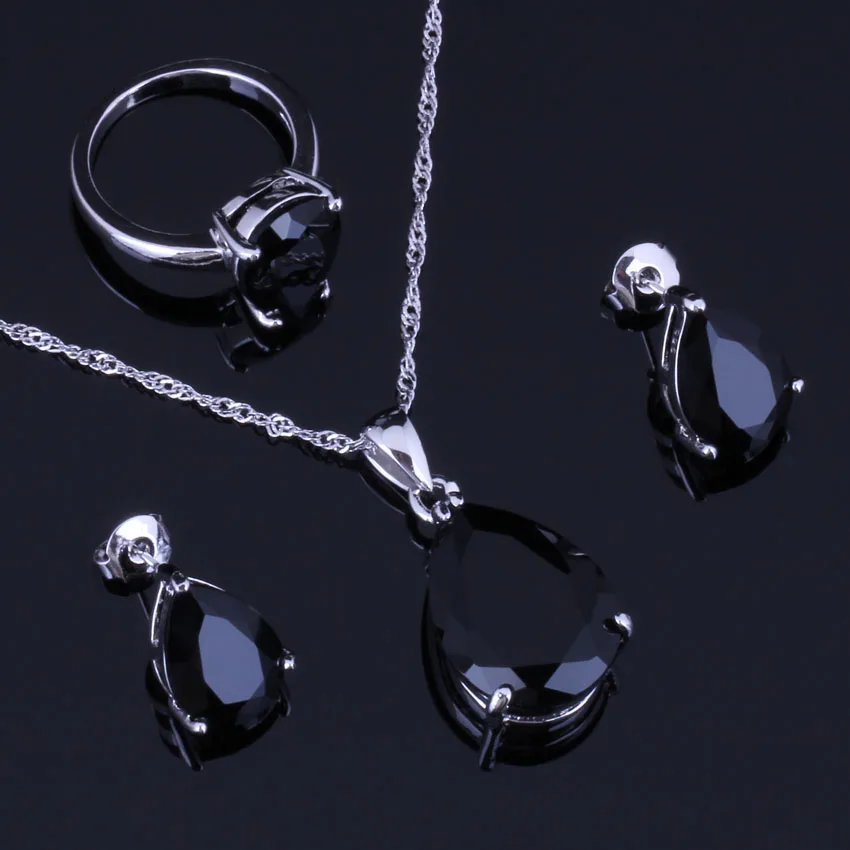 

Enjoyable Water Drop Black Cubic Zirconia Silver Plated Jewelry Sets Earrings Pendant Chain Ring V0959