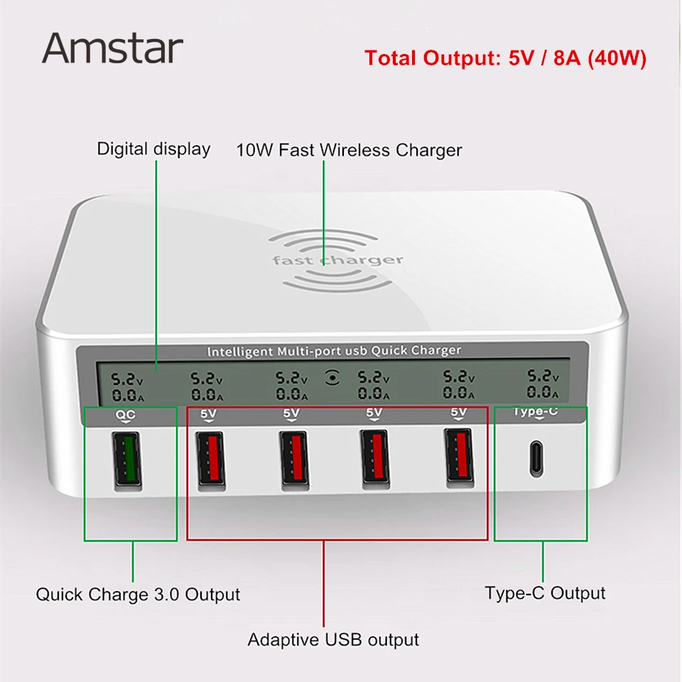 Беспроводное зарядное устройство Amstar Qi 10 Вт для iPhone X, XR, XS, Max, быстрая зарядка 3,0 type C, 6USB, 5 В/8A, быстрая зарядная станция для samsung S9