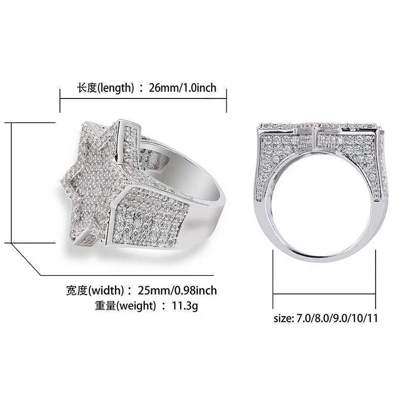 Новинка, кольца с шестигранной звездой для мужчин/женщин, микро проложили золото, серебро, цвет, отделка, кубический циркон, шарм, хип-хоп Ювелирное кольцо, подарок